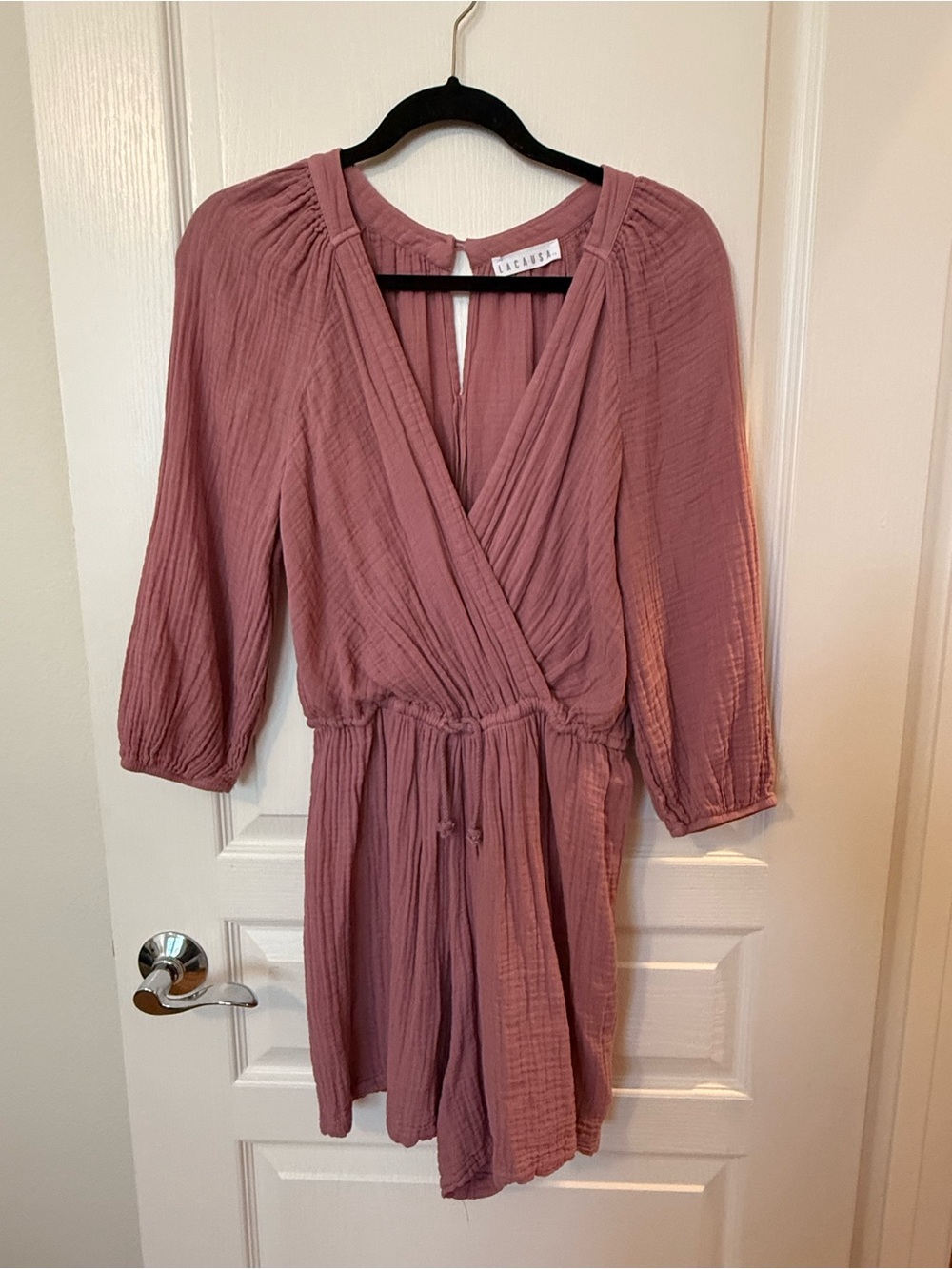LACAUSA Cotton Gauze Romper Surplice V Neck Blouson Sleeve Mauve XS Made in LA - Picture 2 of 10